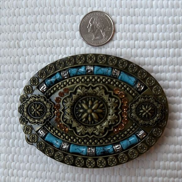 Western Vintage Style Metal Belt Buckle – Ornate Design with Faux Turquoise - Picture 9 of 10
